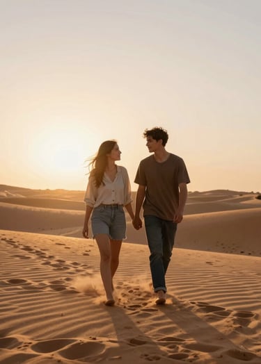 Cinematic photography of a young couple walking through the sand dunes of Valencia during golden hour sunset. Warm sand and light terracotta tones. Soft sun flare, nostalgic and deeply intimate atmosphere, Spain / Southern Europe.