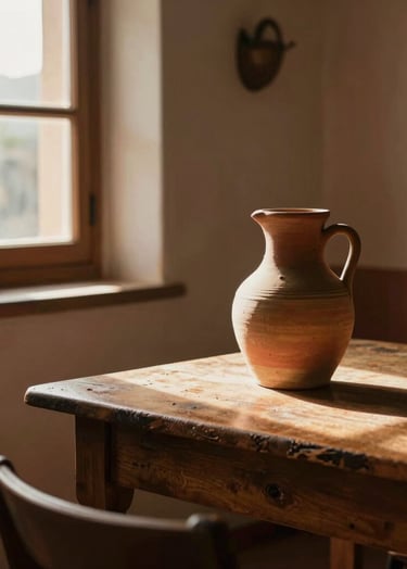An intimate lifestyle photograph showing a cozy, sunlit corner of an old Spanish house, with a ceramic jug on a rustic wooden table and warm sunlight streaming through a window, casting terracotta and sand-colored light across the room. Nostalgic and cinematic mood, peaceful domestic life in Southern Europe, authentic and warm styling.