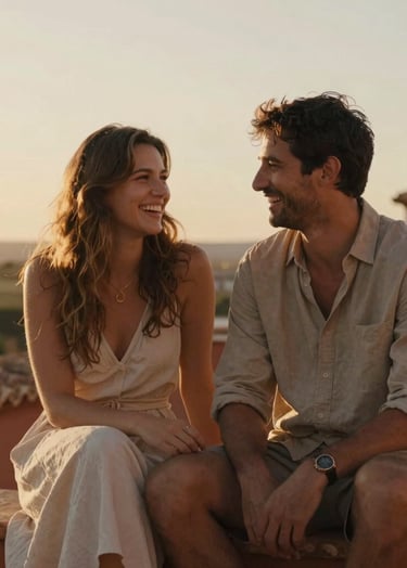 A warm, natural, and cinematic lifestyle photograph of a couple sitting close together on a rustic terrace in Spain. The soft golden hour sunset light, rich in terracotta and warm sand tones, highlights their spontaneous expressions and shared laughter. Realistic documentary photography, professional depth of field.