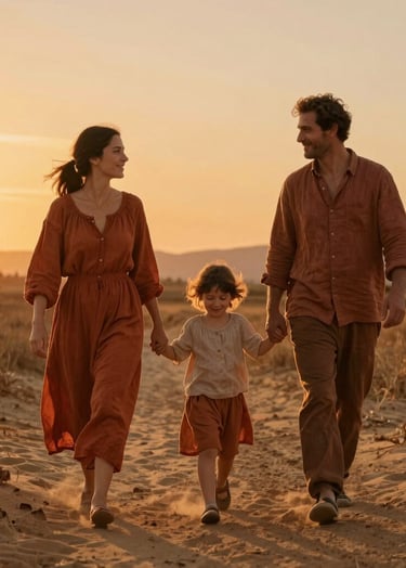 A cinematic, intimate lifestyle photograph of a small family walking through a warm sandy field in Spain / Southern Europe. The scene is bathed in the golden, orange glow of sunset, casting long shadows. Terracotta tones are woven into their linen clothing. Nostalgic, professional photography, natural expressions, and authentic joy.