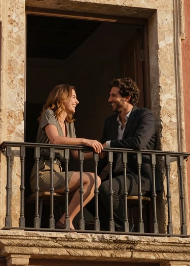 An intimate moment of a couple sharing a quiet laugh on an old Spanish stone balcony. Warm, soft golden hour sunlight, charcoal and light terracotta color palette in their simple stylish clothing, natural and relaxed pose, high-end lifestyle photography.
