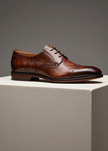 Professional studio photography of a high-end luxury leather shoe on a soft off-white pedestal. Minimalist setting in a Turkish / Istanbul studio. Soft lighting with charcoal gray shadows creating a premium aesthetic.