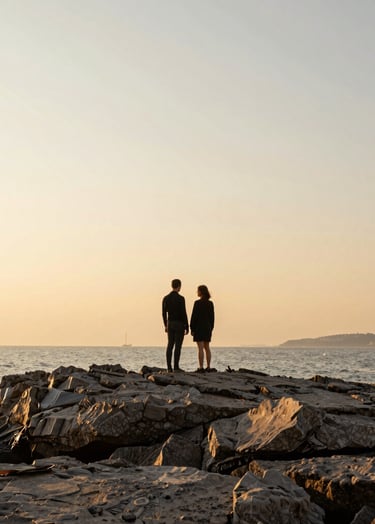 A wide landscape photography of a couple standing on the rocky coast of Kartal, Istanbul during the golden hour. The sky is a blend of luxury gold and soft off-white. Professional minimalist composition.