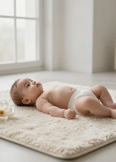 A minimalist studio shot of a baby lying on a plush soft off-white rug. The composition is clean and premium, featuring a single white silk flower nearby. Soft light from a large window in a modern Turkish / Istanbul photography studio creates a high-end, airy feel.