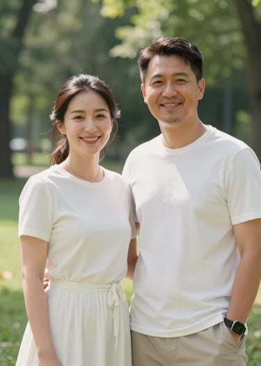 A professional photography portrait of a happy couple in a lush green park in Kartal, Istanbul. Bright natural sunlight, minimalist composition, premium high-end photography style with soft off-white highlights.