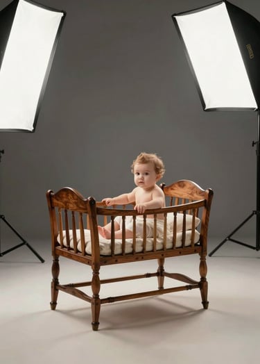 Photography of a professional baby photo shoot set in a luxurious Turkish / Istanbul studio. A vintage-style wooden cradle sits on a soft off-white floor, with charcoal grey backdrops and professional softbox lighting visible in the periphery.