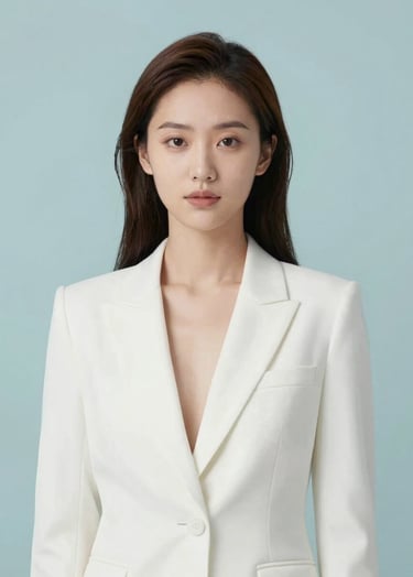 Minimalist studio portrait of a woman in a white blazer, sharp lighting, soft #98C1D9 accents in the background, elegant and tech-forward high-resolution photography.