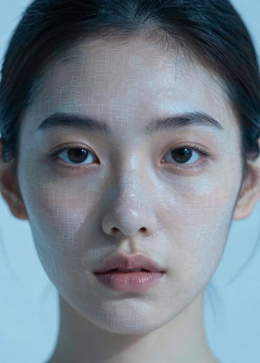 Close-up portrait with cinematic studio lighting, subtle digital mesh pattern projected on skin, minimalist and sophisticated, featuring palette colors #E0FBFC and #3D5A80.