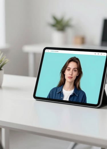 A modern workspace with a tablet showing an AI-generated portrait, very bright and airy, minimalist furniture, brand colors #E0FBFC and #3D5A80 present in the decor.