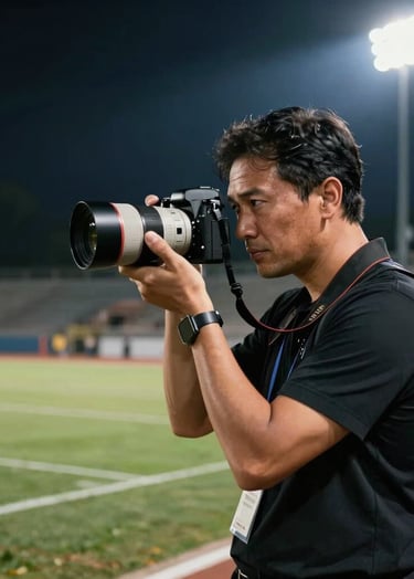 A professional sports photographer with a camera, looking focused, standing on a stadium sideline at night, floodlights in the background creating a soft glow, dynamic Western international setting, palette includes black and dark blue.
