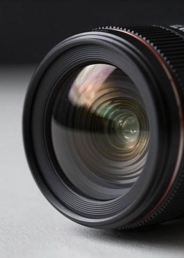 Close-up of a professional camera lens reflecting the bright lights of a basketball court, dark and sleek aesthetic, sophisticated and professional vibe, black and white palette.