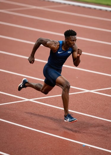Dynamic full-body shot of a sprinter mid-stride on a track. The white track lines create a sharp geometric pattern on the ground. The athlete wears a sleek dark blue and black uniform. Professional sports photography, Western / International.