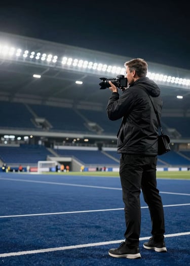 A professional sports photographer with a camera standing on the edge of a dark blue stadium pitch at night. Bright floodlights create a rim light effect, black and slate blue tones, Western / International.