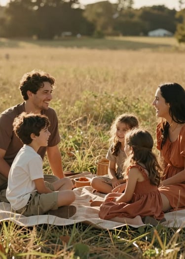 A candid, cinematic photograph of a young family laughing together during a golden hour picnic in a North American US meadow. The lighting is warm and sun-drenched, featuring soft sand and terracotta tones in their clothing. Authentic, emotional storytelling.