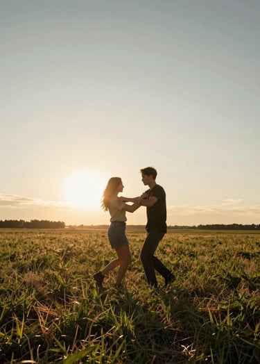 A cinematic, wide-angle shot of a couple dancing in an open field in the North American Midwest during golden hour. The sun is low, creating a sun-drenched flare and long shadows. The vibe is authentic and full of movement.