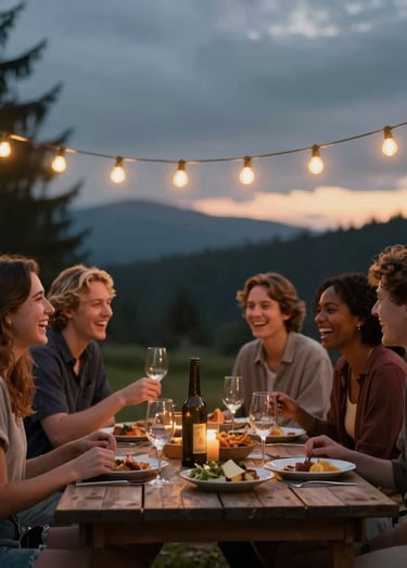 A candid lifestyle shot of a group of friends laughing around an outdoor dinner table in the North American Pacific Northwest. The scene is lit by warm string lights against a charcoal evening sky, creating an intimate storytelling atmosphere.