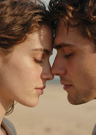 A close-up portrait of a couple leaning their foreheads together, eyes closed, in a sun-drenched outdoor setting. The light is warm and golden, highlighting the texture of their hair and skin. Style is intimate and cinematic, with a soft sand and terracotta color palette.