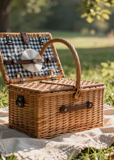 A detailed shot of a picnic basket and a soft sand blanket on the grass, with sunbeams filtering through leaves in a North American US rural setting. Cinematic and warm aesthetic.