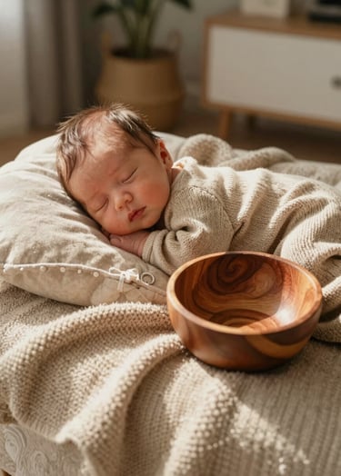 A cinematic photograph of newborn photography props arranged in a sun-drenched North American / US home studio. Soft Sand colored knits and a Terracotta wooden bowl are featured. The lighting is warm and inviting, capturing the authentic and approachable mood of a lifestyle photographer.