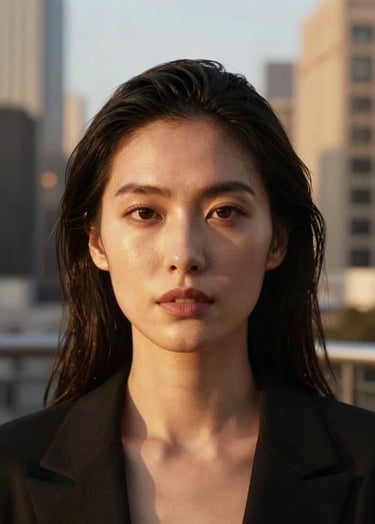 A high-end cinematic close-up portrait of a woman in a North American urban setting during golden hour. Warm light reflecting off her face, soft bokeh background of a luxury loft. Minimalist composition with tones of gold and black.