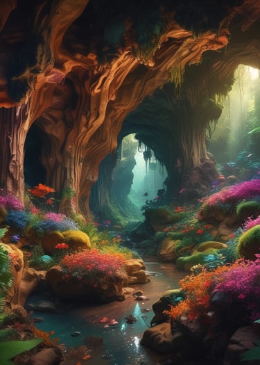 A cave filled with lots of rocks and water