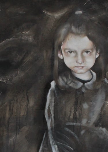 Oil painting of young girl kneeling, looking towards viewer.