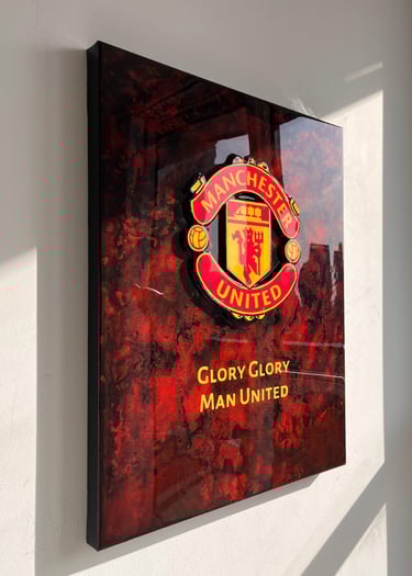 a picture of a framed picture of a manchester united football club logo