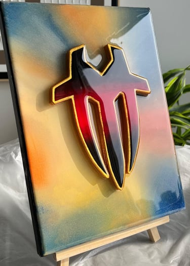 a painting of a man's face with a shield on it