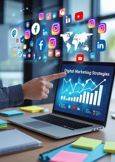 Digital marketing strategy displayed on laptop with social media icons floating above.