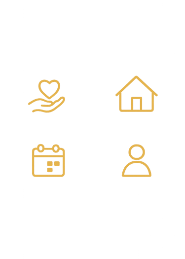 Gold thin line icons representing charity, home, and health on a black background.