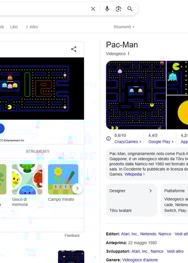 Immagine del gioco Pac-Man giocabile da Google.