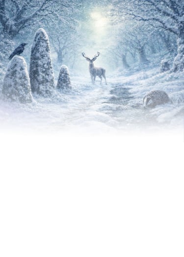 Winter forest path with standing stones, snow, and moonlit atmosphere, representing The Path Now as
