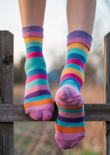 Due piedi con calze a righe in posizione innaturale sopra una staccionata