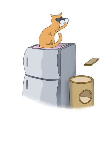 drawing of a cat watching the room with binoculars from the top of a freezer