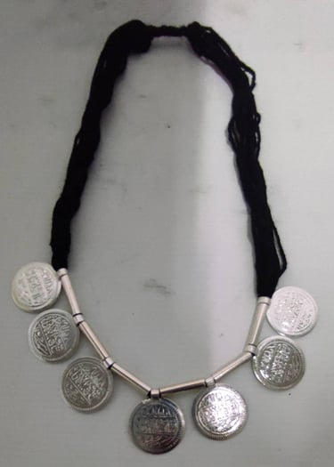 "Bohemian-style necklace with artificial coins on black silk thread tribal fusion jewelry-Fit for export"