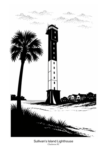 Black and white Palmetto Silhouette of Sullivans Island Lighthouse