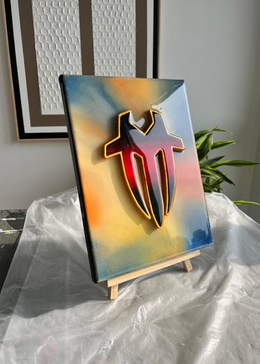 a painting of a man's face with a shield on it