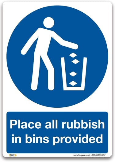 a sign that says, place a trash can be thrown into a bin