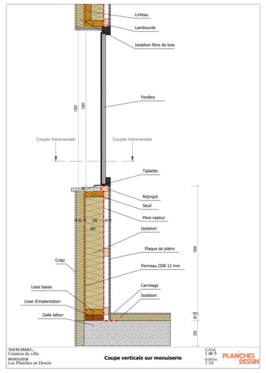 Plan en coupe d'une menuiserie dans un mur en ossature bois