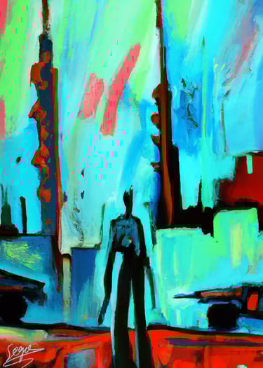 a painting of a man walking down a street