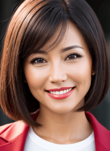 a woman with a red jacket and white shirt