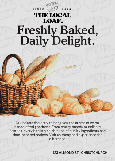concept design; Bakery poster with bread basket, "Freshly Baked" text, loaf background, and address.