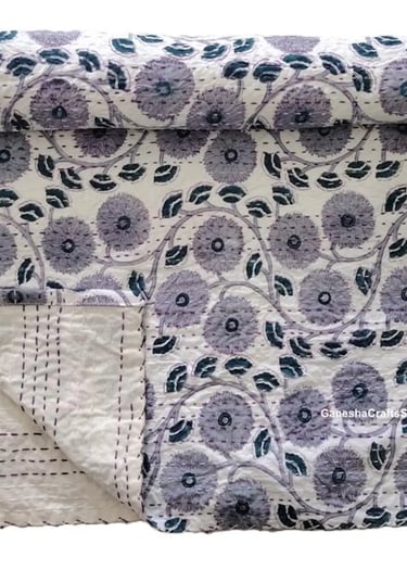 Cornflower block print kantha quilt