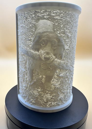 Custom 3D printed lithophane lamp featuring a puppy holding a stick, a unique personalized photo gift.