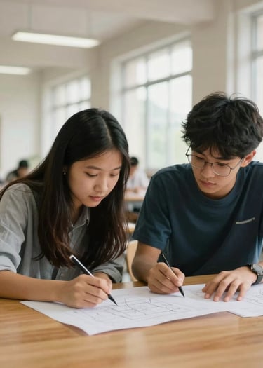 Candid environmental portrait of two students in a sunlit architectural studio, reviewing structural drawings on a large wooden table, natural diffused daylight, 35mm lens.