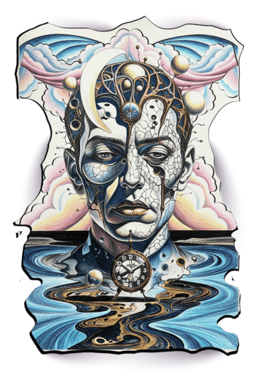 Surrealist colored pencil drawing of a celestial man with a clock and crescent moon.