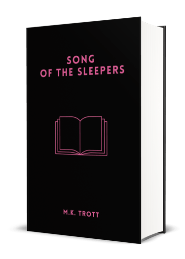 A black book cover featuring a bright pink line drawing of an open book