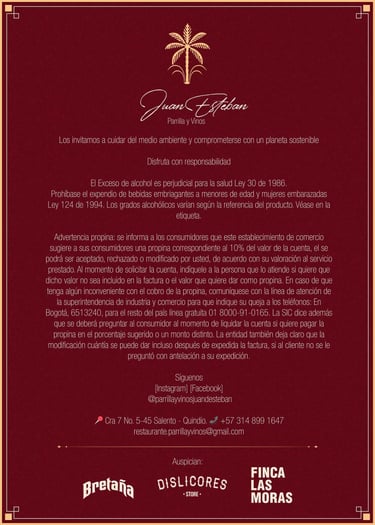 Cartel informativo de Parrilla y Vinos Juan Esteban en Salento, con mensajes de consumo responsable,