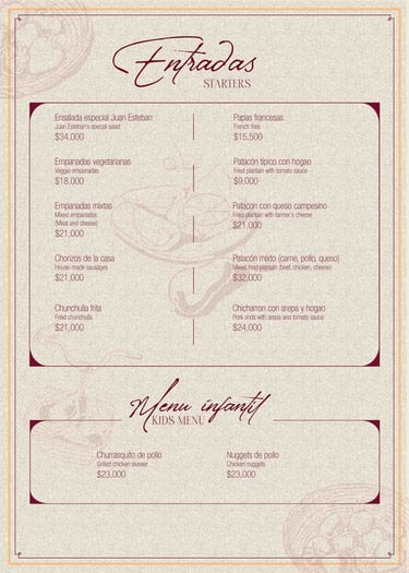Menú de entradas y opciones infantiles de Parrilla y Vinos Juan Esteban, con platos típicos 