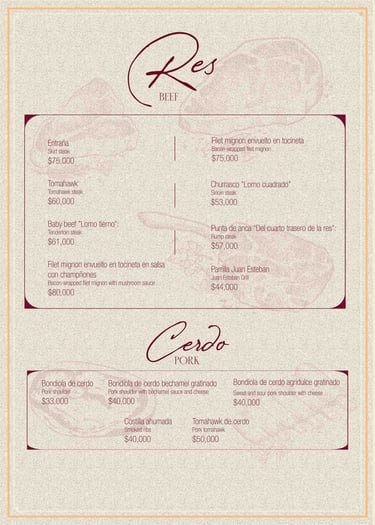 Menú de carnes en Parrilla y Vinos Juan Esteban, con cortes de res y cerdo como entraña, tomahawk